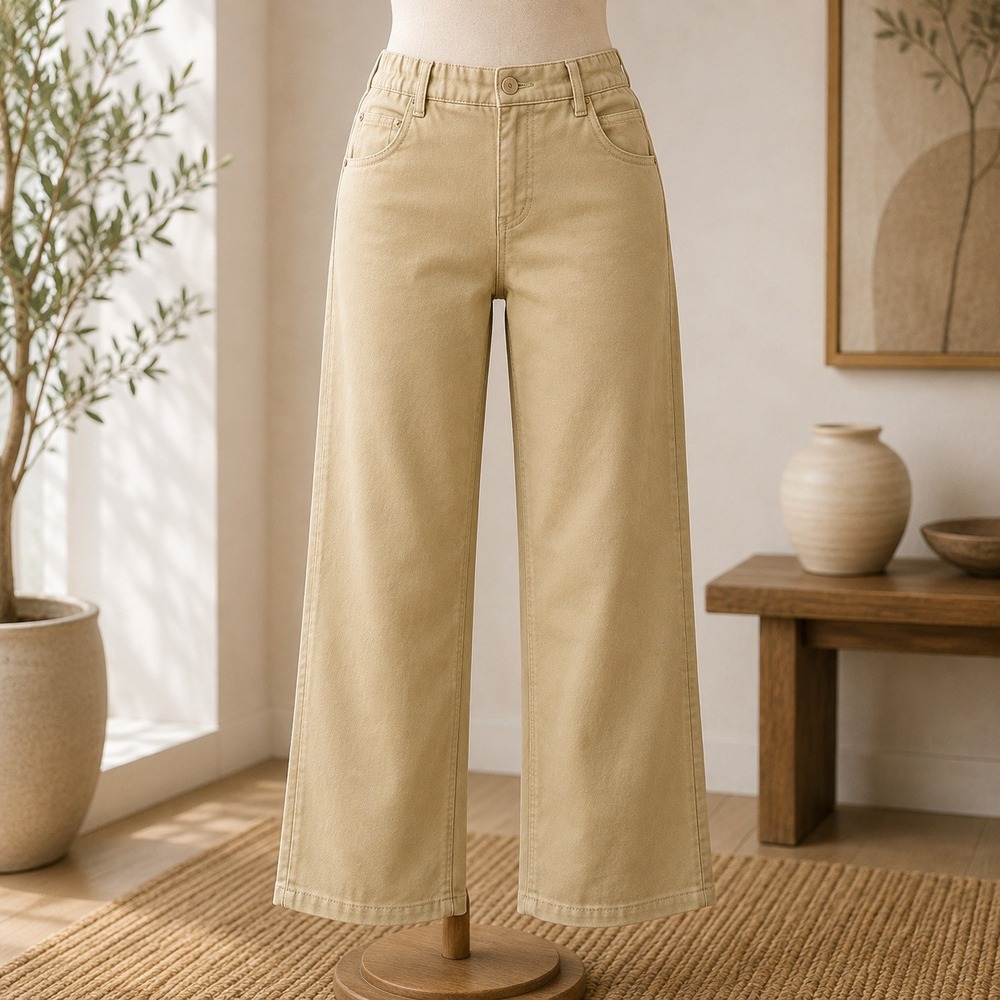 NWT Denim & Co. Pull On Pants Womens 14P Khaki Tan Straight Leg Twill Elastic